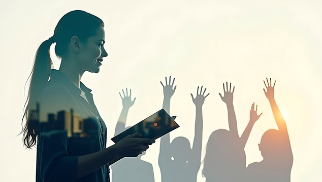 A double silhouette of a teacher holding a book, with an image of a chalkboard and children raising their hands visible within the silhouette, representing knowledge and empowerment. Double exposure s