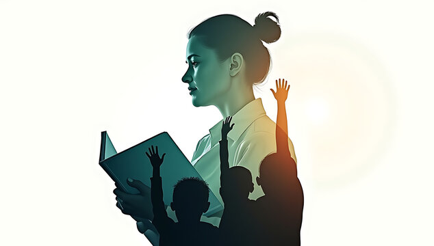 A double silhouette of a teacher holding a book, with an image of a chalkboard and children raising their hands visible within the silhouette, representing knowledge and empowerment. Double exposure s