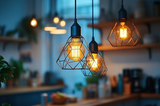 Warm, ambient lighting from geometric pendant lamps illuminates a stylish kitchen setting. Perfect for creating a cozy and inviting atmosphere. - Powered by Adobe