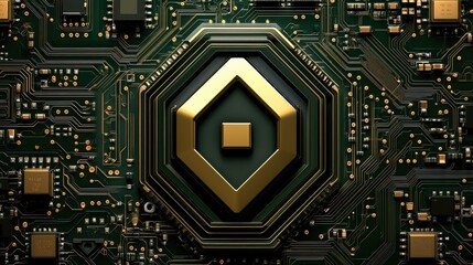 Fototapeta premium Close-up of a gold octagon symbol on a circuit board.