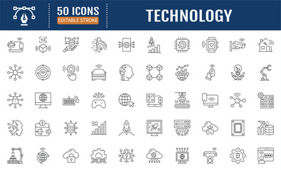 Technology Line Editable Icons set. Containing Industry 4.0, 5g, ai, robot, iot, near field communication, programming and more. Vector Illustration