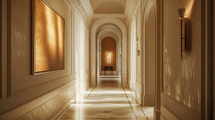 Serene Indoor Hallway with Artistic Lighting and Elegant Decor