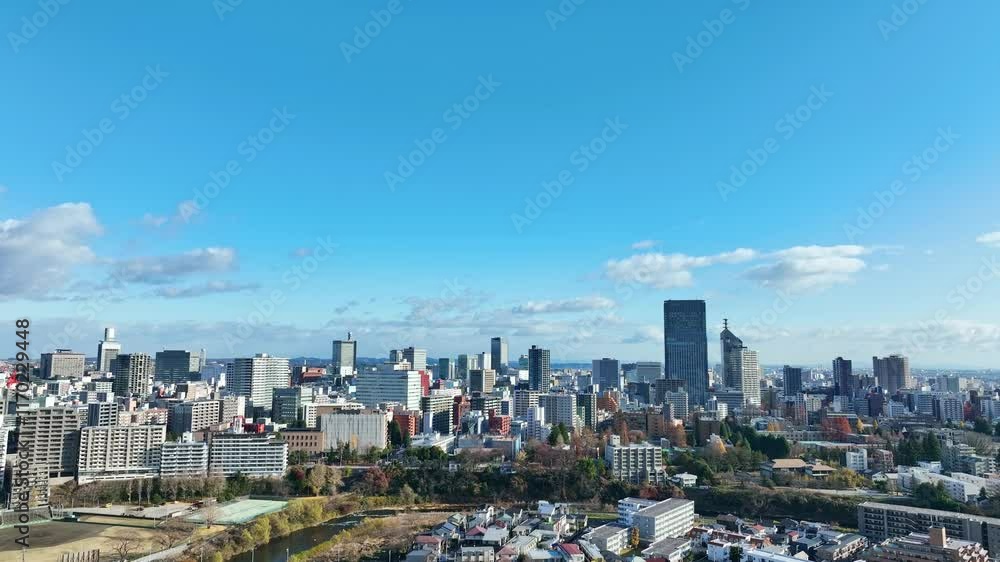 Leinwandbilder 都市、空撮、ドローン、展望、前進、進歩、青空、社会、都会、発展、成長、テクノロジー、ビジネス、経済、コピースペース、俯瞰、ハイアングル、パノラマ、地平線、風景、景色、景観、現代、建設、建築、ビル、ビル群、不動産、高層ビル、摩天楼、日本、地方、自治体、行政、将来、未来、マンション、住宅、開発、企業、明日、インフラ、交通、飛行、進化、産業、観光、旅行、60p、建物