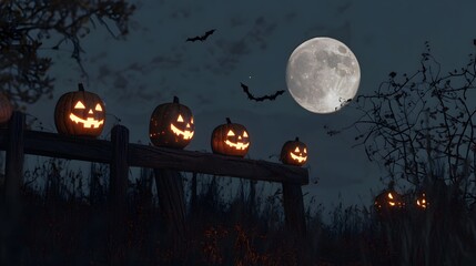 Fototapeta premium Illuminated Jackolanterns Resting On A Rustic Fence At Night