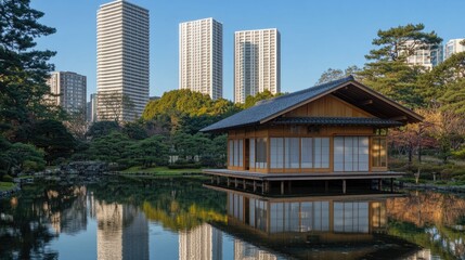 A serene capture of Hamarikyu Gardens with its traditional tea house and skyline contrast.