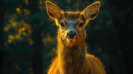 Fototapeta premium Close-up of a young deer in a forest, illuminated by golden sunlight.