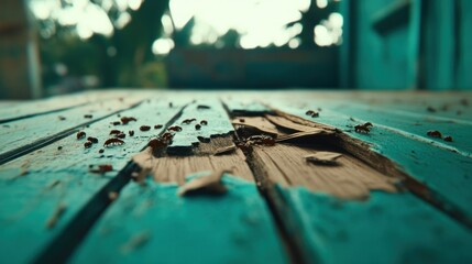 Naklejka premium Decay and deterioration of wooden planks abandoned space photography natural light low angle urban exploration
