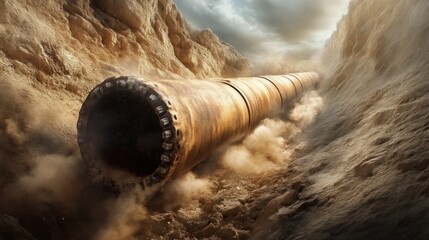 Exploring giant tunnel boring operations in desert canyon engineering marvel in harsh conditions ground-level perspective