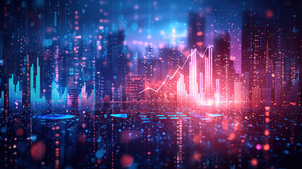 Obraz premium Futuristic cityscape at night with glowing graph indicating growth.