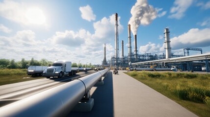 Obraz premium Industrial pipeline transportation oil refinery infrastructure development urban environment ground level sustainability impact