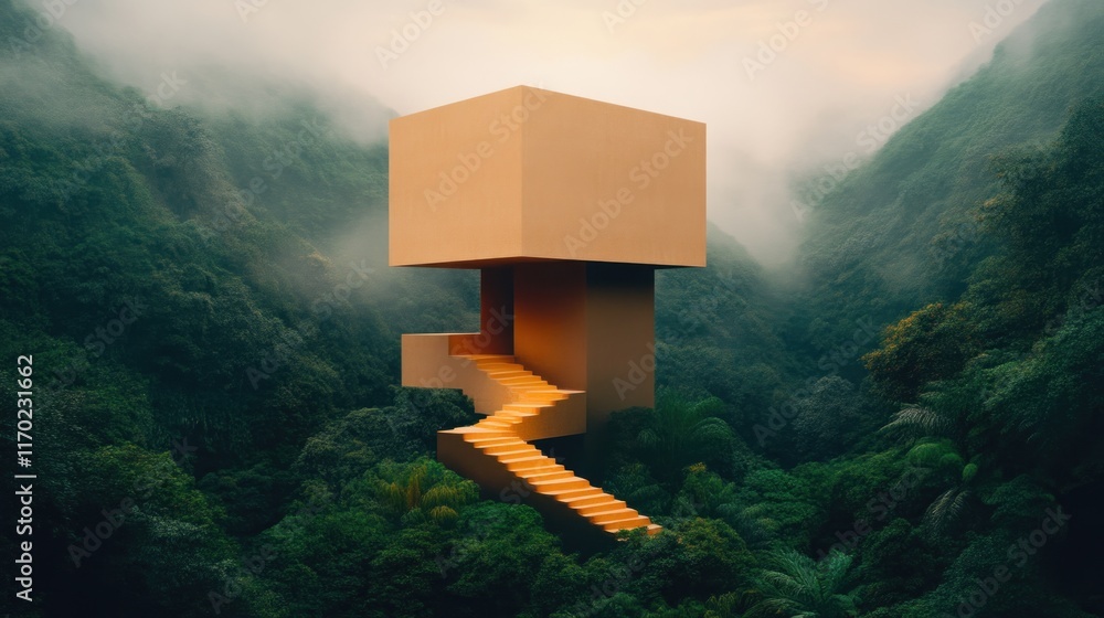 Poster mysterious floating cube with stairs lush jungle digital art surreal environment artistic perspectiv