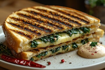 Grilled cheese sandwich with spinach and melted cheese, served with a creamy dipping sauce.