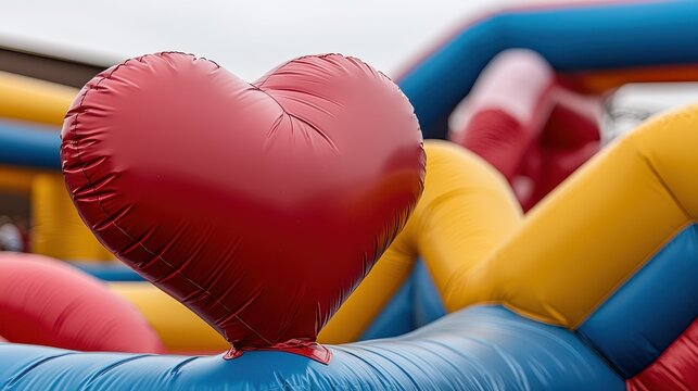 Valentine Game Concept, Giant Inflatable Heart on Colorful Obstacle Course for Outdoor Fun and Excitement