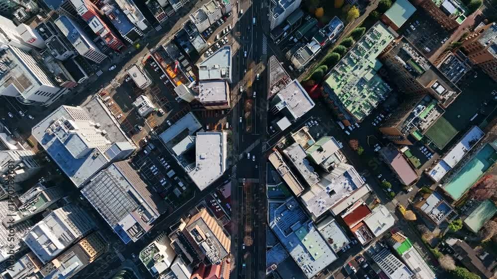 Leinwandbilder 都市、交通、道路、真俯瞰、ドローン、空撮、社会、真上、不動産、産業、ビジネス、経済、テクノロジー、自動車、インフラ、建設、住宅、都会、街、ハイアングル、見下ろす、上から見た、鳥瞰図、景色、ビル群、暮らし、行政、公共、時代、現代、屋上、前進、進歩、進化、開発、成長、発展、企業、俯瞰、交差点、商業、ダイナミック、迫力、昼間、衛星、環境、日本、風景、60p、町並み