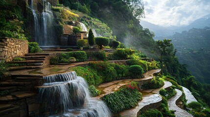 Tranquil Waterfall in Lush Green Terrace Garden Landscape
