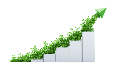 A Conceptual Representation of Sustainable Growth and Environmental Progress Illustrated by a Bar Graph with Green Leaves and an Upward Arrow, Isolated on Transparent and White Background