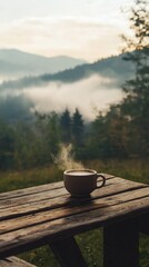 Warm Coffee Mug on Wooden Table with Misty Mountains in Background