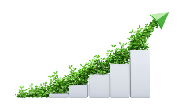 A Conceptual Representation of Sustainable Growth and Environmental Progress Illustrated by a Bar Graph with Green Leaves and an Upward Arrow, Isolated on Transparent and White Background