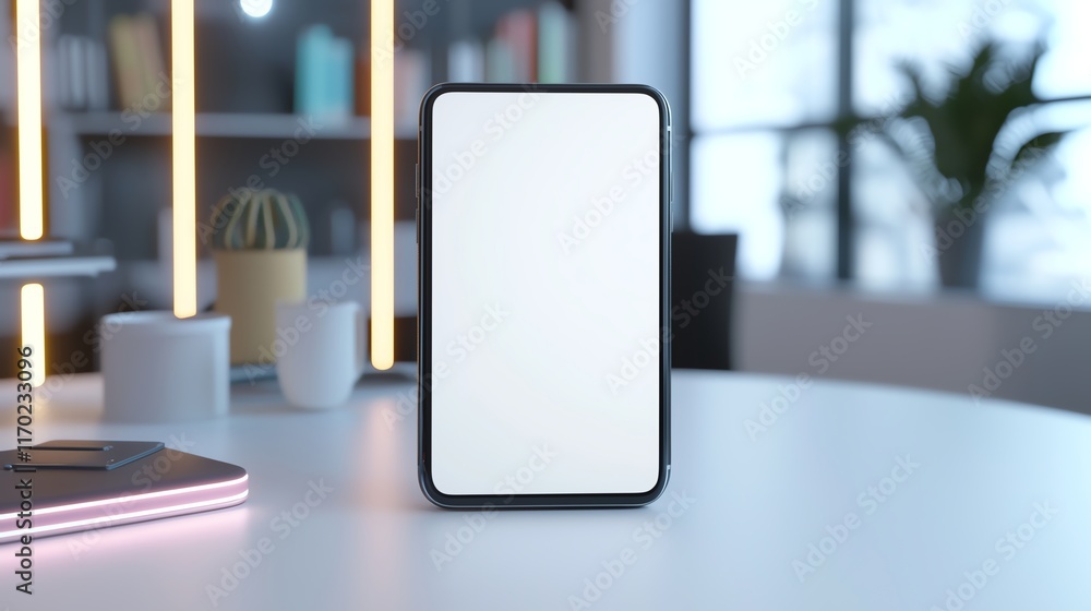 Poster blank smartphone screen on a modern desk with soft lighting and bookshelf in background.