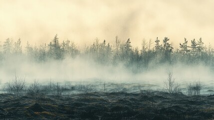 Fototapeta premium Misty Landscape with Fog Over Field and Trees at Dawn Light
