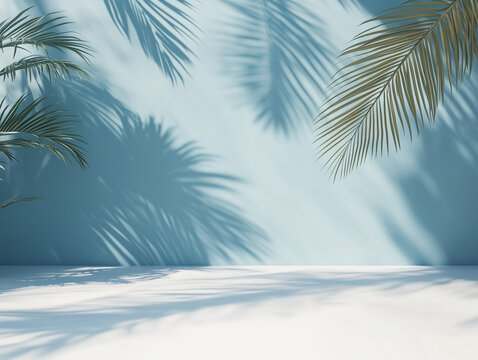 Fototapeta minimalist concept with palm leaves casting shadows on a blue wall and pastel floor, creating a summer tropical beach background in an empty room ideal for product placement