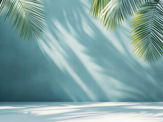 minimalist concept with palm leaves casting shadows on a blue wall and pastel floor, creating a summer tropical beach background in an empty room ideal for product placement