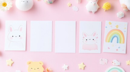 A set of five blank white cards on a pastel pink background surrounded by cute kawaii animals, rainbows, and sweet designs. Ideal for baby photo books, scrapbooking, or greeting cards.
