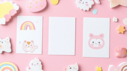 A set of five blank white cards on a pastel pink background surrounded by cute kawaii animals, rainbows, and sweet designs. Ideal for baby photo books, scrapbooking, or greeting cards.