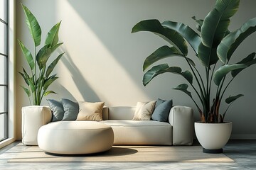 Modern living room with beige sofa, large potted plants, and sunlight streaming through a window.