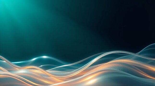 Rich deep teal and ethereal spiritual vibes are conveyed through silhouetted backlighting. Smooth metallic waves of liquid silver and gold create a luxurious and vibrant feel with a light aura and mys