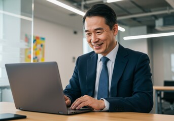 Fototapeta premium A happy businessman watching a webinar or attending a virtual meeting on his laptop