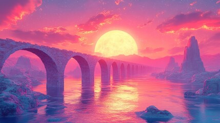 Surreal sunset landscape with stone bridge, full moon, and pink sky over calm water.