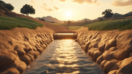 Fototapeta premium Sunset overflowing pipeline rural landscape digital art tranquil environment wide angle view nature's harmony