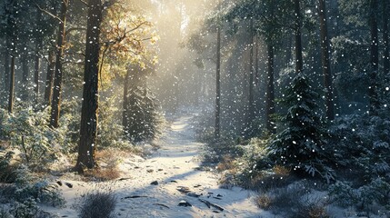 Obraz premium Serene Winter Forest Scene with Soft Snowfall and Golden Light