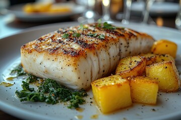 Grilled fish with roasted potatoes and greens. A delicious and healthy meal.