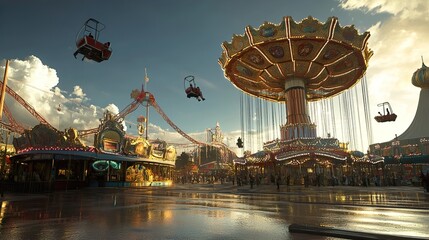 A vibrant funfair at sunset, filled with thrilling rides and joyful crowds