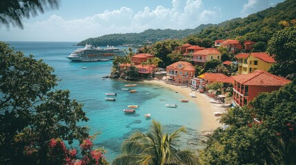 Naklejka premium Colorful houses on a tropical beach with a cruise ship in the bay.