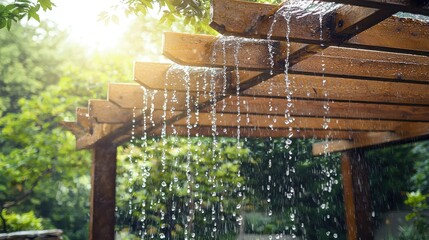 Rainwater Falling from Wooden Pergola in a Lush Green Garden