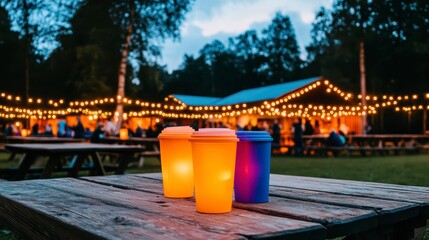 Charming outdoor caf&Atilde;&copy; scene at dusk featuring glowing takeaway cups on a rustic wooden table surrounded by string lights