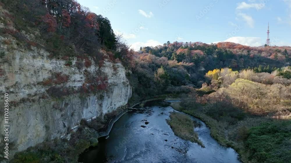 Poster 河川、谷間、絶壁、崖、自然、風景、景色、ドローン、空撮、上昇、青空、俯瞰、ハイアングル、展望、パノラマ、地平線、景観、環境、森林、紅葉、秋、防災、観光、旅行、コピースペース、昼間、晴れ、明るい、地方、地域、自治体、成長、向上、飛び立つ、山林、観光地、絶景、樹木、渓流、川、日本、渓谷、飛ぶ、眺望、飛行、エコロジー、60p、断崖、地層、清流