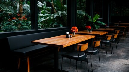 Obraz premium Modern dining area with wooden tables and lush greenery creating a serene and inviting atmosphere for patrons