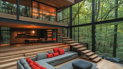 Modern home interior with large windows and natural surroundings.