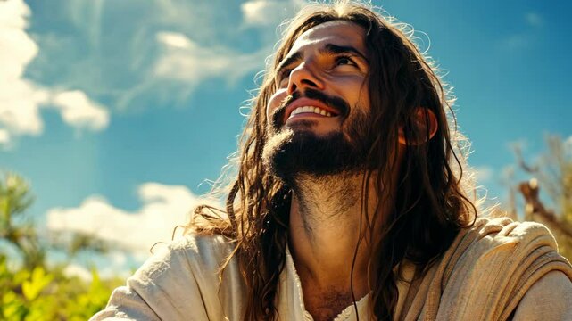 Jesus Christ looking up at the sky on sunny day 