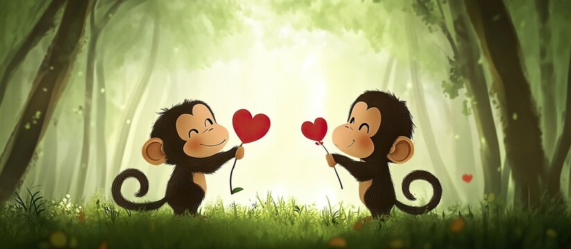 happy monkey celebrate valentine in the forest monkey couple hold heart love symbol