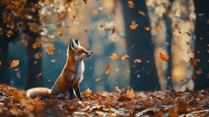 Majestic Fox in Autumn Forest Surrounded by Falling Leaves