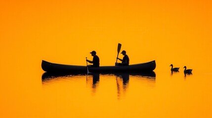 Two individuals canoeing at sunset with reflections on the water, accompanied by two ducks swimming nearby