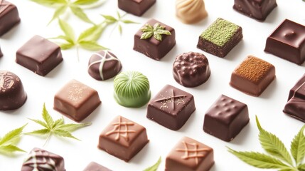 Assorted gourmet chocolates, pralines, and matcha confections on a white background, elegantly decorated with hemp leaves. Perfect for luxury confectionery and artisanal sweets.