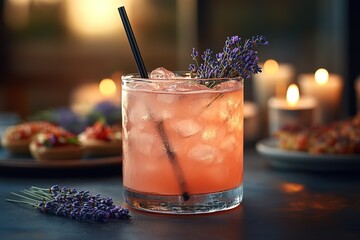 Refreshing lavender cocktail garnished with fresh lavender sprigs, perfect for a relaxing evening.
