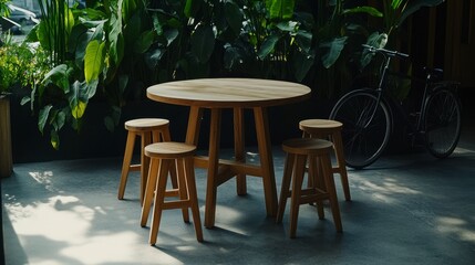 Fototapeta premium A beautifully arranged wooden dining set accompanied by a bicycle in a lush greenery setting, combining nature and modern design