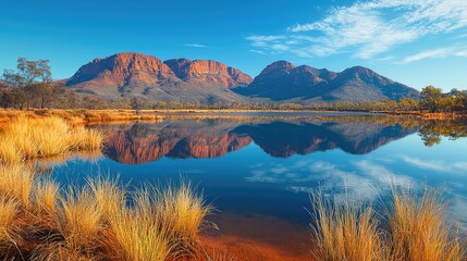 Naklejka premium Serene Landscape Reflection of Mountains in Calm Lake at Sunrise